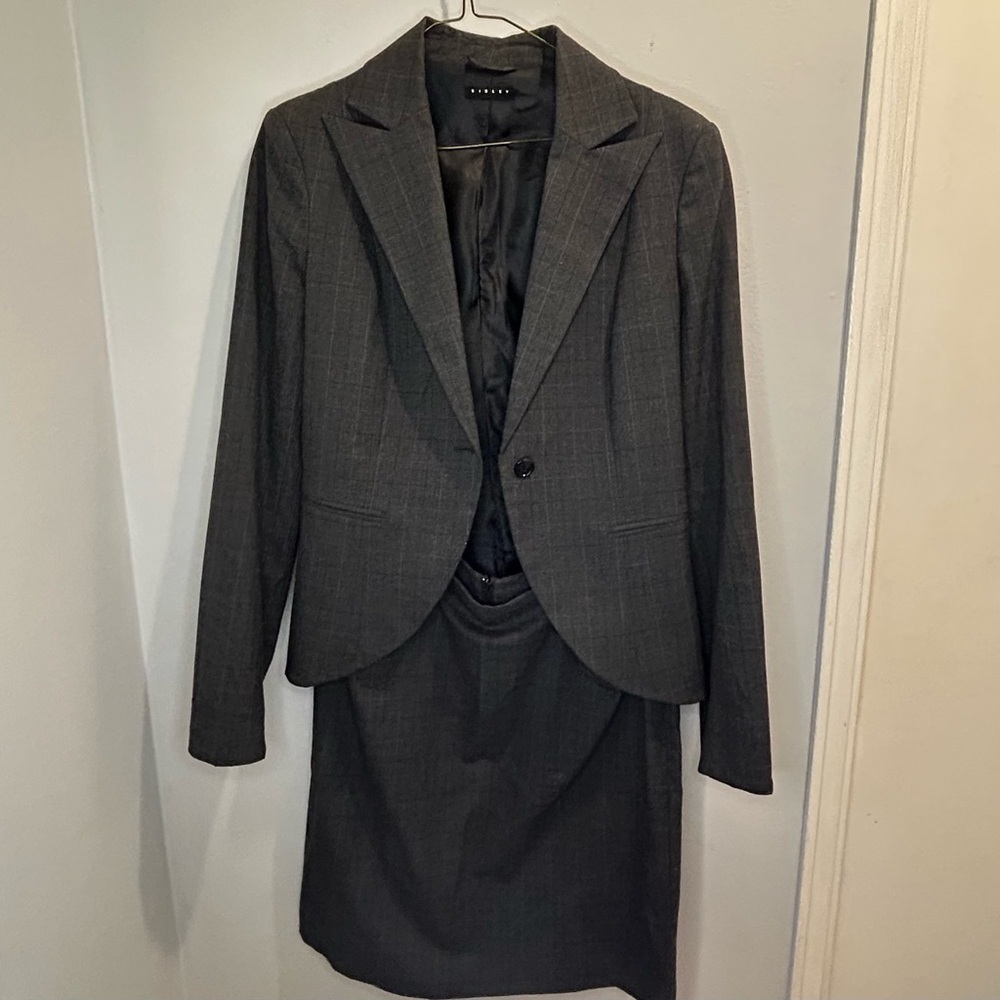 Sisley Grey Check Purple Pinstripe Skirt Suit Blazer Set Business Professional
